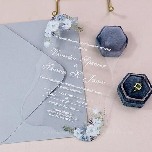 Cool light blue and dusty blue bracket shape acrylic wedding invitations CWIA211